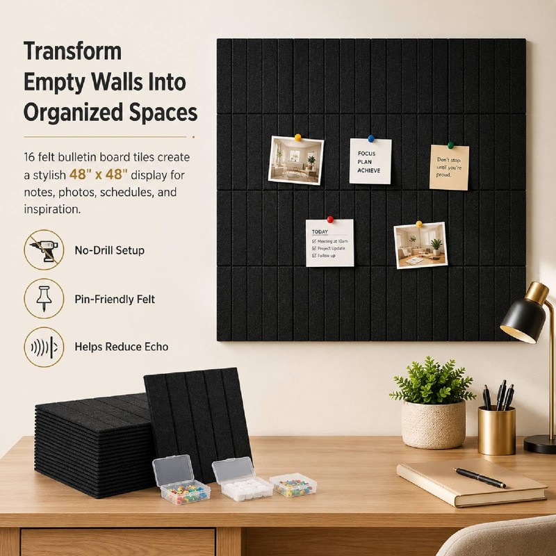 Corodo 48"x48" Large Felt Bulletin Board Tiles for Wall, 16