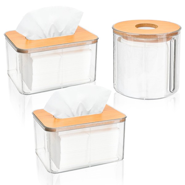 3PCS Acrylic Tissue Box Holder, Clear Tissue Organizer with Bamboo