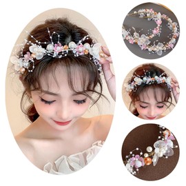 Flower Bridal Girl Bride Wedding Pearl Crown Headband Hair Headbands Tiara Vine Piece Accessories for Kids Girls, Pink