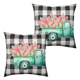 Kwlegh Spring Tulip Pillow Covers 18x18 Set of 2 Vintage Truck with Pink Tulip Floral Throw Pillow Covers Black and White Buffalo Plaid Cushion Case for Farmhouse Living Room Sofa