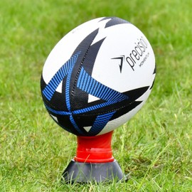 Precision Momentum Rugby Training Ball, Premium Rubber, Hand-Stitched, All-Weather Grip, Extra Strong, Ideal for Clubs and Schools, White|Black|Blue, Size 5