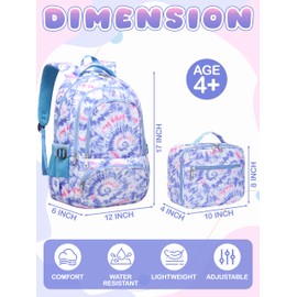BLUEFAIRY Kids Backpack with Lunch Box for Girls Boys Elementary Primary Middle School Bag with Lunch Bag Set 17 Inch Bookbag Mochilas Escolares para Niñas Niños (Tie-dye, Light Violet)
