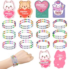 Valentines Day Cards for Kids Classroom, 24 Pack Valentines Gift Cards with Friendship Bead Bracelets, Valentines Gift Exchange for Boys Girls, Valentines Party Favors Supplies for Kids