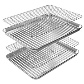 ROTTAY Baking Sheet, Half Sheet Pan with Cooling Rack Set [2 Pans + 2 Racks], Stainless Steel Baking Pan for Oven, Warp Resistant & Heavy Duty & Rust Free, Size 17.3 x 12.2 x 1 Inches