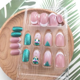 Oval Press on Nails Short Fake Nails with Green Glitter Rhinestones Golden Pearl Gradient Designs White French Tip Glue on Nails Nude False Nails Artificial Stick on Nails for Women 24Pcs