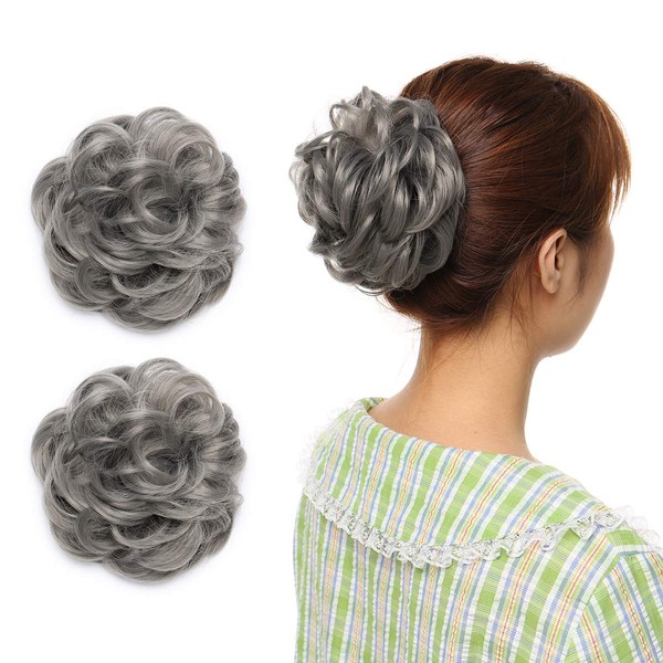 Hairro Hair Bun Extensions Messy Curly Wavy Scrunchie Updo Donut Elastic Hairpiece Chignons Ponytail Synthetic Hair Accessories for Women Natural Daily Party Thick 2 Piece Dark Grey