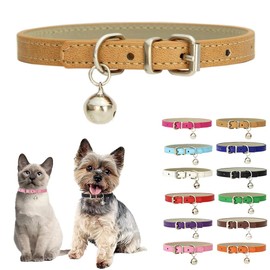 Khaki XXS Dog Collar with Bell,Soft Pu Leather Female Puppy Collar with Bells Basic Girls Cat Collar with Bells for XXS XSmall Small Medium Pet Cats Kitten Tiny Animal Yorkie Chihuahua,XXSmall
