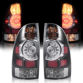BeamTrack LED Tail Light Assemblies Compatible with 2005-2015 Toyota Tacoma Pickup, Left Driver and Right Passenger Side Taillights Rear Brake Signals with Bulbs and Harness (Black)