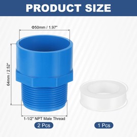 uxcell PVC Male Adapter Pipe Fitting, 2Pcs 1-1/2" 2-Way Connectors with Sealant Tape (Socket x Male Thread), Hose Adapter Coupling for Plumbing Water Line (Blue)