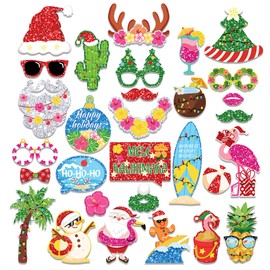 30 Pcs Christmas Photo Booth Props Merry Christmas Photo Booth Props Tropical Christmas Party Supplies Beach Santa Holiday Party Photo Booth Props Hawaiian Christmas Decorations