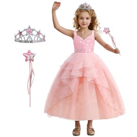 Steatory Kids Pink Witch Costume for Girls Bubble Dress Pink Mesh Sequin Outfits with Accessories