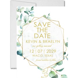 Eucalyptus Wedding Save The Date Cards, Green and White Save The Date Cards, Rustic Save The Date - Set of 12 (Green/Gold)