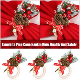 12 Pieces Christmas Napkin Rings Holder Pine Cones Poinsettia Pumpkin Wooden Napkin Rings Decor for Christmas Thanksgiving Birthday Party Supplies (Bell and Pine Cone Style)