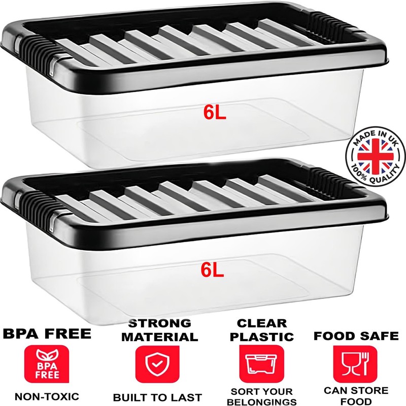 Buystarget 2X 6L Storage Boxes with Black Lids Clear Plastic