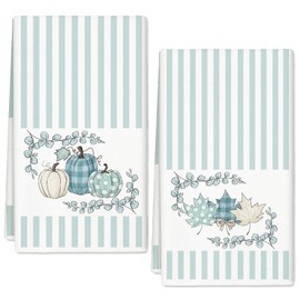 JarThenaAMCS Fall Kitchen Dish Towel 18 x 28 Inch Dusty Blue Stripe Pumpkin Leaves Dishcloth Hand Drying Tea Towel for Autumn Harvest Kitchen Cooking Baking Bathroom, 2Pcs