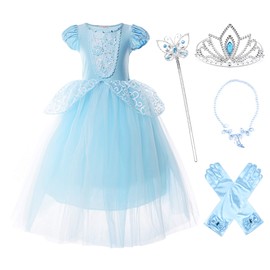 JerrisApparel Girls Princess Costume Puff Sleeve Fancy Birthday Party Dress up (8, Blue with Accessories)