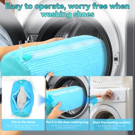XiangLongRui Shoe Washing Machine Bag，laundry shoe bag for washer and dryer,AroundReusable Shoe Zipper Washing Bag for All Shoe Types and Sizes,with 1 Pairs of Adjustable Shoe Trees(Blue 2pcs)