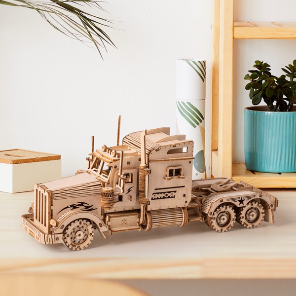 ROKR Model Car Kits Wooden 3D Puzzles Model Building Kits for Adults-Educational Brain Teaser Assembly Model for Adults to Build, Desk Decor/DIY Hobbies/Gifts for Teens&Kids (Heavy Truck/8.9*2.9*4)