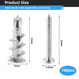 Plasterboard Dowels, Pack of 100, Self-Drilling Plasterboard Dowels, Metal Plasterboard Dowels, Self-Drilling, Metal with Screws for Attaching to Stone, Brick, Concrete, Plasterboard Panels