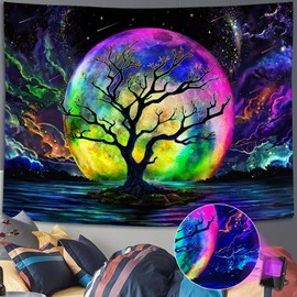Faxdong Blacklight Moon Tapestry, UV Reactive Tree Lake Colorful Starry Night Galaxy Space Clouds Wall tapestry for Bedroom Decor 44×60 inch