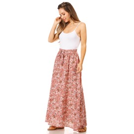 Pink Floral Maxi Skirts for Women Long Length Reg & Plus Size Skirts for Women & Teens, Summer Beach Coverup Skirt Aline Flowy Elastic High Waisted Midi Womens Skirts (Large, Pink Floral)