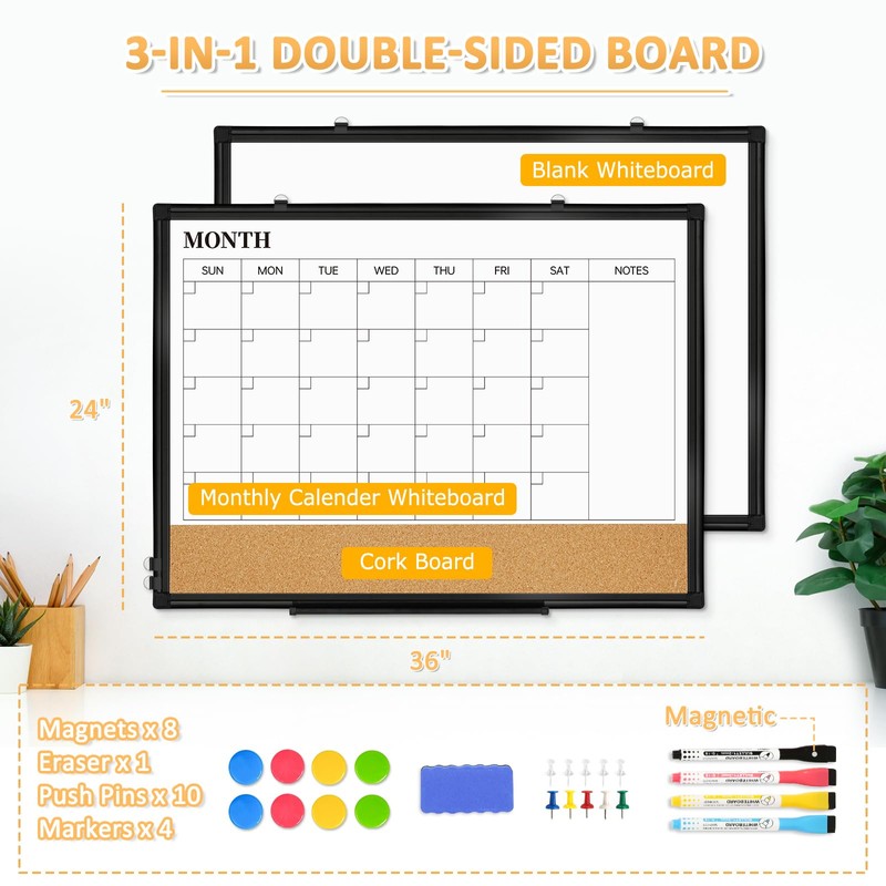 QUEENLINK Large Dry Erase Calendar for Wall, 36"x24" Double-Sided Magnetic