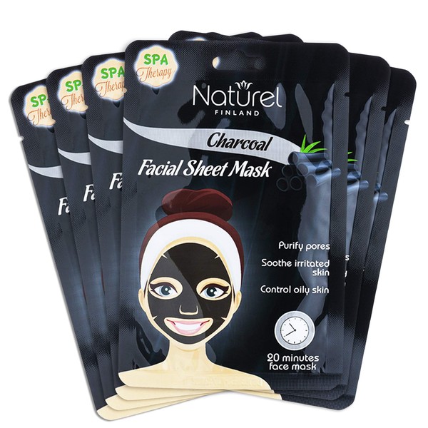 Korean Face Mask Sheet Charcoal Black Facial Mask for Oily Skin and Pores 6 pack