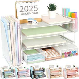 gianotter Paper Letter Tray Organizer with File Holder, 4-Tier Desk Accessories & Workspace Organizers with Drawer and 2 Pen Holder, Desk Organizers and Accessories for Office Supplies (White)