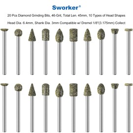 20Pcs 46-Grit Diamond Grinder Bit 1/8" Shank Compatible with Dremel Rotary Tool Attachment Accessories Grinding Burrs for Stone Glass Resin Porcelain Ceramic Quartz Glaze Steel Carve Engrave Polish