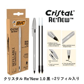 Bic CRBLK-3P Crystal Re'New 1.0 Ballpoint Pen, Oil-based, Black + Box of 2 Refills