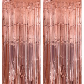 Metallic Tinsel Curtains Rose Gold 2 Packs 3 ft x 8.2 ft Foil Fringe Curtains for Photo Backdrop Door Wall Hanging Party Offiice Decoration