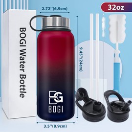 BOGI 32oz Insulated Water Bottle, Double Wall Vacuum Stainless Steel Water Bottle with Straw and 3 Lids, Sweat-Proof Wide Mouth Metal Water Bottle Keeps Hot or Cold for Sports Gym Office (Dark Red)