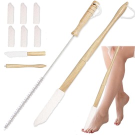 FAMOPLY Long Handle Toe Brush, Wooden Foot Brush for Shower,Between Toe Cleaning Brush Foot Scrubber with Reusable Remove Soft Drying Covers,Handled Toe Lotion Applicator for feet Senior -2 Sets