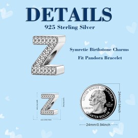 Symretie Alphabet A-Z Initial Bead Charms Sterling Silver with Cubic Zirconia with European Bracelets and Necklace, Sterling Silver, No Gemstone