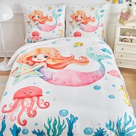 WUMIUER Mermaid Bed Linen 135 x 200 cm Set 2-Piece White - Soft Microfibre Duvet Cover 135 x 200 cm and 1 Pillowcase 80 x 80 cm with Zip, Cute Cartoon Children's Bedding for Girls Ladies Single Bed