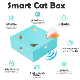 Migipaws Automatic MigiBox Cat Toys 3 n1 Interactive Pounce Mystery Under PopSkin 7 Holes Cardboard Kitten Toys for Indoor Rechargable 6 Accessories(Blue)