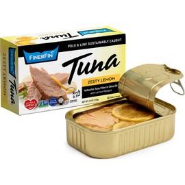 FinerFin Premium Zesty Lemon Yellowfin Tuna Fillets in Organic Extra Virgin Olive Oil, 4.4 oz | Hand Cut | Gourmet Ready-to-Eat Fillets | Gluten Free | Kosher