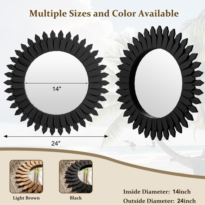 VETROVUE 24 Inch Black Boho Wall Decor Sunburst Mirror -