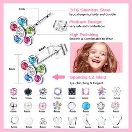 JeweBella 24 Pairs Flat Back Earrings for Women Girls Surgical Steel Earrings Hypoallergenic Silver Earrings Flower Heart Butterfly Turquoise Pearl Zirconia Screw Back Earrings Small Stud Earrings Set