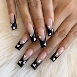 French Tip Press on Nails Long Coffin Valentine's Day Fake Nails with Heart Designs Full Cover False Nails Valentines Glue on Nails Long Press on Coffin Artificial Nails for Women Acrylic Nails 24Pcs