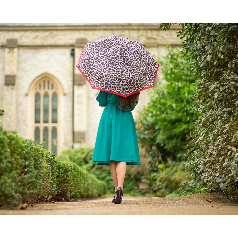 Fulton Minilite Shiny Leopard Print Umbrella, Strong Lightweight Wind Resistant