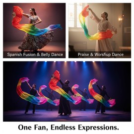 Veemoon 1Pc 1.8M Silk Belly Dance Fan Gradient Silk Long Dancing Fans Chinese Dance Bamboo Folding Veil for Dancers Stage Party Performance, Worship Dancing, Wedding Shows (Left Hand)