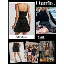 zffriction Women's Sequin Skirt, Glitter Skirt, Elastic Waist, Midi Skirt, A-Line Hip Skirt, Sparkling Short Skirt, Party, Carnival, Concert, black