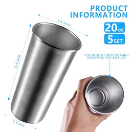 KISEER 5 Pack 20 Ounce Stainless Steel Pint Cups Shatterproof Cup Tumblers Unbreakable Metal Drinking Glasses for Bar, Home, Restaurant