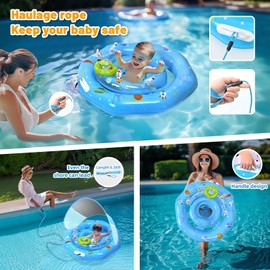 GEEQUFLOAT Baby Pool Float with Canopy & Toy Console,Adjustable Safe Seat,Removable UPF50+ Sunshade Infant Pool Float for 6-36 Months,Baby Floaties 6-12 Months with Safety Handle & Rope for Pool