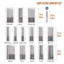 75mm Long Screwdriver Bits Set, 50 Pcs Torx/Flat/Phillips Cross Head Screwdriver Sets with 1/4" Hex Shank, Power Tools Repair Kits for Household, Industry Maintenance