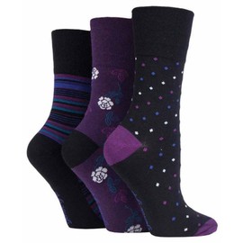3 Pairs Ladies Black Purple Spot Stripe Floral Gentle Grip Socks, UK Size 4-8