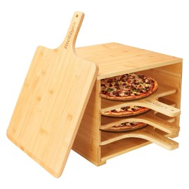 RICOJYCX Multilayer Bamboo Pizza Peel Rack, Contain 4 x 12 Inch Non-Stick Bamboo Pizza Boards, Pizza Paddle Stand for Easy Storage and Baking Multiple Pizzas and Bread