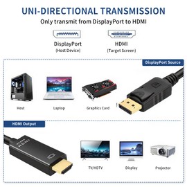 4K DisplayPort to HDMI Cable 6ft, 4K@30Hz, 2K@60Hz, 1080P Full HD, Uni-Directional DP 1.2 Source to HDMI 1.4 Screen Cable for Dell,Lenovo,HP,AMD,NVIDIA,Monitor,Projector (1 Pack, 6 Feet)