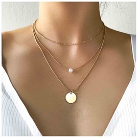 Allereya Vintage Layered Pearl Coin Necklace Gold Pearl Pendant Necklace Bohemia Layering Disc Necklace Choker Magic Chain Necklace Jewellery for Women and Girls